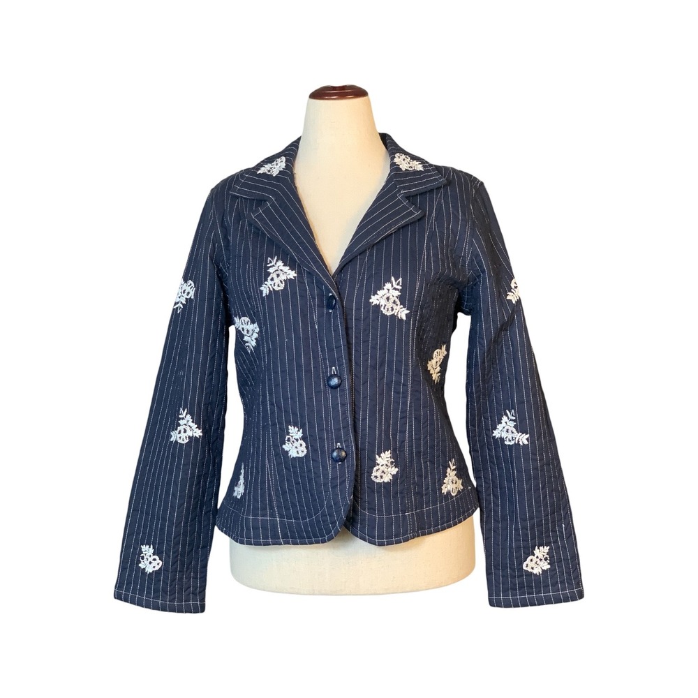 Christopher & Banks Navy Blue Pinstripe Embroidered Quilted Cotton Blazer XL